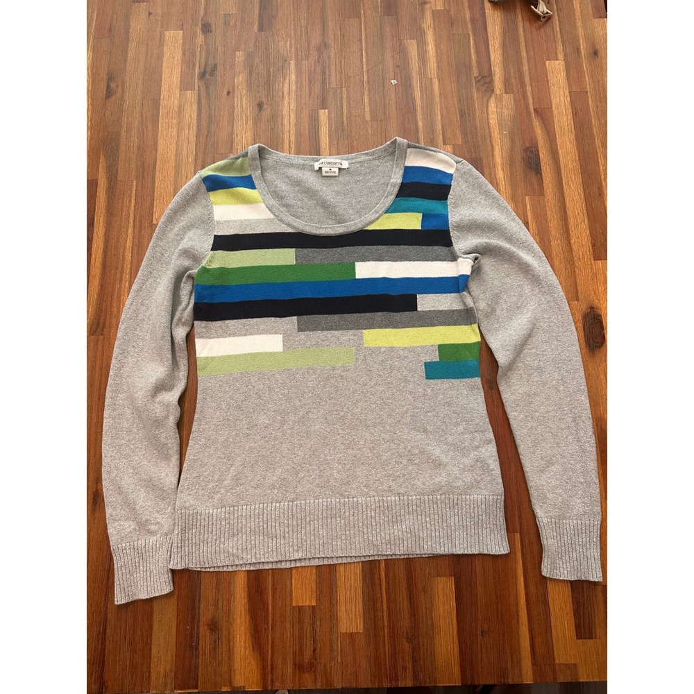 Liz Claiborne Sweater Womens Medium Gray Excellent Geometric Intarsia Cotton